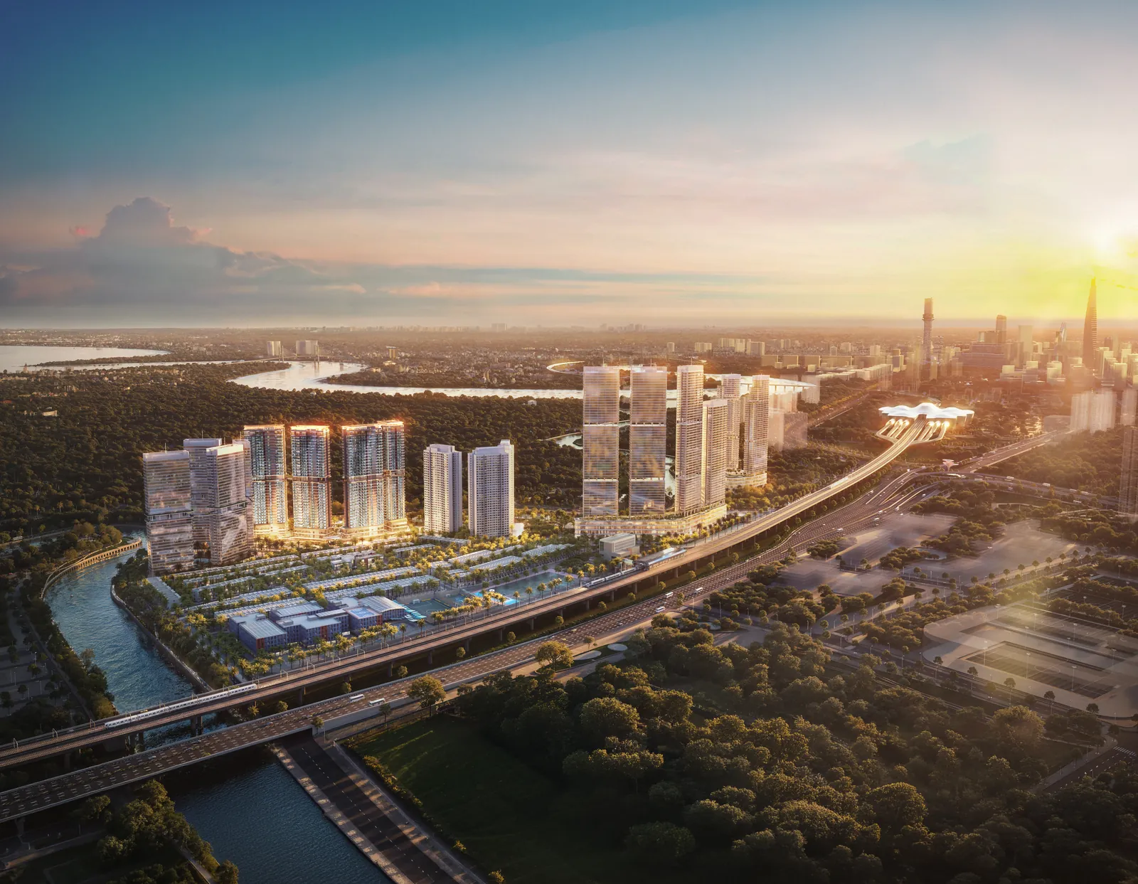 Palm River lúc hoàng hôn với trung tâm thành phố phía xa
