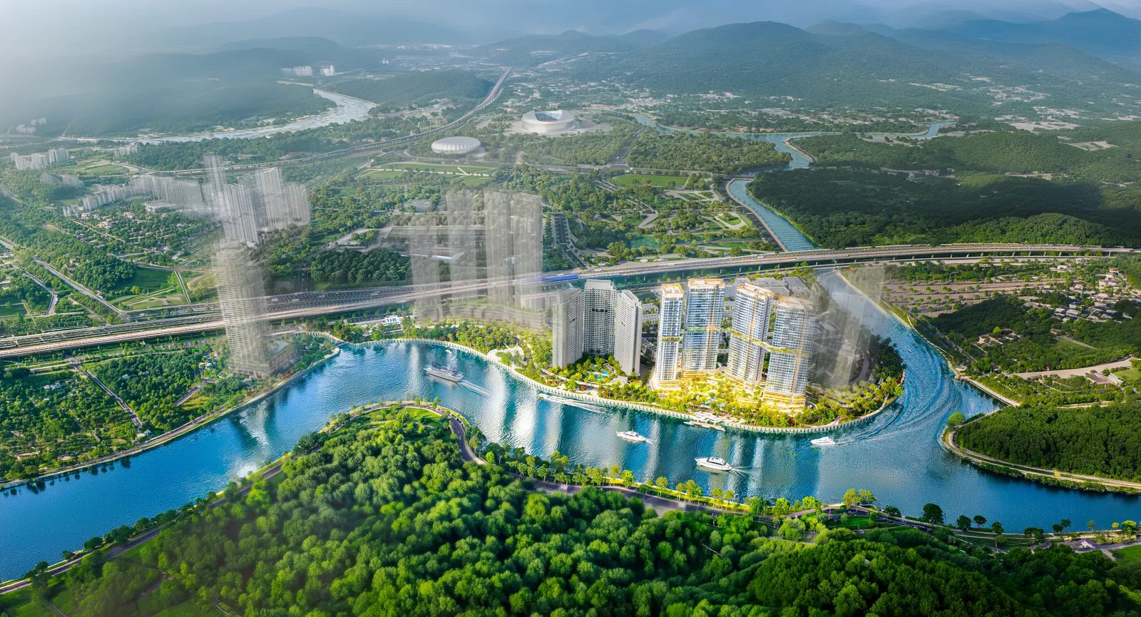 Toàn cảnh Palm River giữa vòng sông và mảng xanh